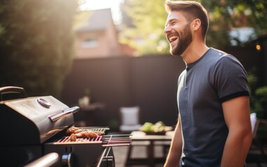 a happy man grilling in his backyard, talking with his friends and family