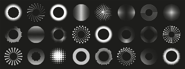 Poster - Radial halftone design element collection. Geometric halftone element. Abstract halftone circle. Set of round dotted geometric logo