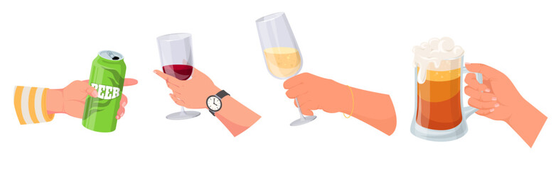 Male and female hands holding different alcohol drink glass