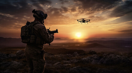 silhouette of soldier using drone for military combat or scouting operation.