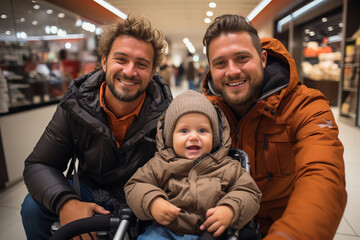 Happy male gay couple taking selfie on mobile, smartphone while traveling with baby kid child in autumn or calling their friends, relatives. Happy generation z millenials LGBTQ relationship concept