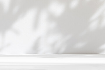 Fototapete - Abstract white studio background for product presentation. Empty room with shadows of window and flowers and palm leaves . 3d room with copy space. Summer concert. Blurred backdrop.