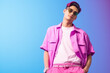Gen-z handsome asian fashionable male, wearing neon stylish clothes, happy, smiling, retro style in the style of Vaporwave fashion