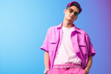 Fototapeta  - Gen-z handsome asian fashionable male, wearing neon stylish clothes, happy, smiling, retro style in the style of Vaporwave fashion