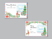 Cute Christmas Scene With Winter Town And Characters Watercolor Postcard