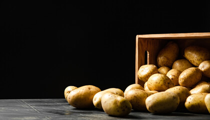 Wall Mural - Fresh potatoes. On black background.