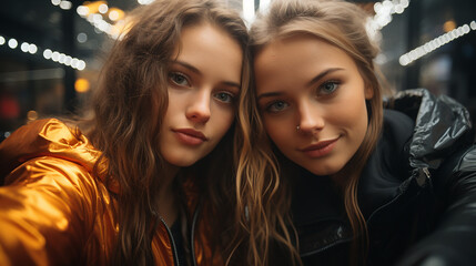 A teenage girl takes a selfie while walking in the autumn city