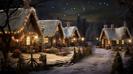 Wall Mural - Christmas cottage at night with festive lights