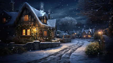 Wall Mural - Christmas cottage at night with festive lights