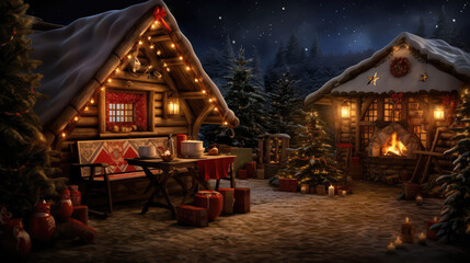 Wall Mural - Christmas cottage at night with festive lights