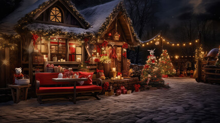 Wall Mural - Christmas cottage at night with festive lights