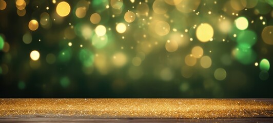 Aufkleber -  Holiday Christmas New Year's Eve, Sylvester New Year party event background banner greeting card - Empty old wooden table with golden glitter and green bokeh lights in the background