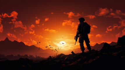 Graphic silhouette of armed soldier or marine at sunset..War concept.