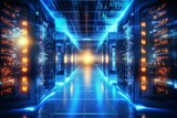 Fototapeta Przestrzenne - Powerful servers in a computer datacenter. Digital illustration. Generative AI