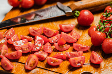 Sticker - Fresh chopped tomatoes. On cutting board.