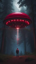 UFO Encounter In The Forest. Illustration, UFO Rises In The Forest. The Spacecraft Projects Bright Lights That Illuminate The Dark Surroundings. Concept Of Space And Extraterrestrial Life.