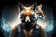 fox person with two heads dressed in a racing suit fantasy splash art 