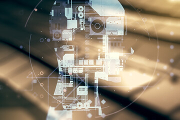 Poster - Double exposure of creative human head microcircuit hologram on shiny metal background. Future technology and AI concept
