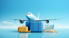 Luggage Or Baggage And Planes Placed On Passport For Making Advertising Media About Tourism And All Object On Blue Background, Vector 3d On Blue Background For Travel And Transport Concept Design