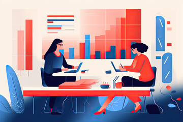 Poster - Colourful vector illustration of two females working at the office