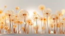 Mural Interior Wallpaper For Living Room With Dandelion.Many Dandelions On Beige Watercolor Background With Fly Flower And Bokeh Light.Wall Art For Living Room .Floral Trendy Background In Modern