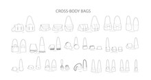 Set Of Cross-Body Bags Silhouette. Fashion Accessory Technical Illustration. Vector Satchel Front 3-4 View For Men, Women, Unisex Style, Flat Handbag CAD Mockup Sketch Outline Isolated
