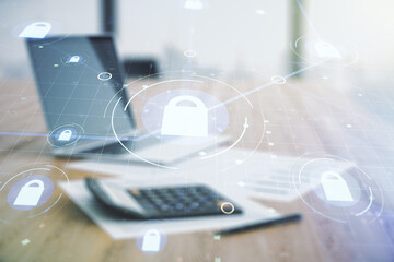 Aufkleber - Virtual creative lock illustration with microcircuit on blurry calculator and computer background, cyber security concept. Multiexposure