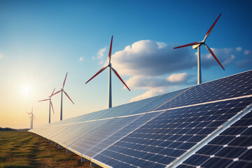 Solar panels and wind turbines at sunset. Alternative energy source