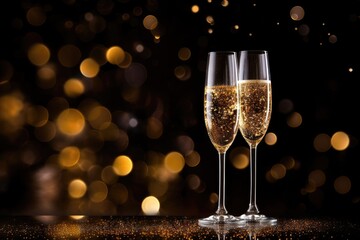 Two glasses of champagne on dark background with lights bokeh, glitter and sparks. Christmas celebration concept with space for text