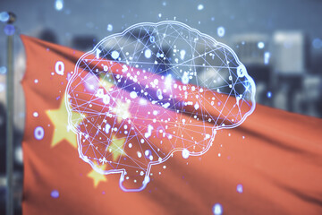Poster - Virtual creative artificial Intelligence hologram with human brain sketch on flag of China and blurry skyscrapers background. Multiexposure