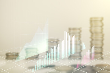 Poster - Double exposure of virtual creative financial diagram on growing coins stacks background, banking and accounting concept