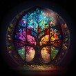 tree of knowledge in colorful stained glass colorful vivid colors colorful and contrasted cinematic lighting hyper realistic hyper detailed HD 4k 8k high detail 