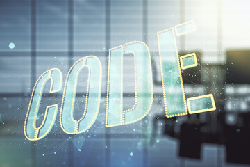 Poster - Code word hologram on a modern coworking room background, international software development concept. Multiexposure