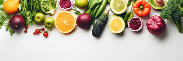 Vibrant banner backdrop showcasing raw organic produce and ingredients in flat lay