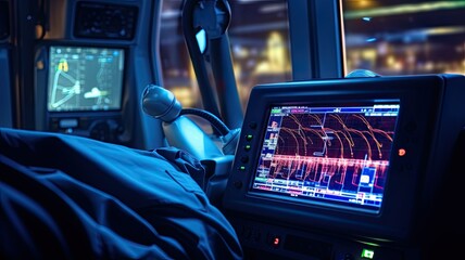 an ECG monitor in an ambulance, with paramedics attending to a patient on the way to the hospital, highlighting the critical role of ECGs in emergency care.