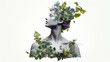 Background wallpaper o of a sculpture bust statue of a woman surrounded by green ivy leaves with negative space for copy text 