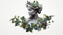 Background Wallpaper O Of A Sculpture Bust Statue Of A Woman Surrounded By Green Ivy Leaves With Negative Space For Copy Text 