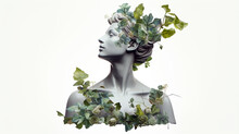 Background Wallpaper O Of A Sculpture Bust Statue Of A Woman Surrounded By Green Ivy Leaves With Negative Space For Copy Text 