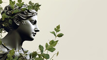 Background Wallpaper Of An Antique Sculpture Bust Statue  Framed By Green Leaves , Laurel Wreath On Head With Negative Space For Copy Text Y2K Art 
