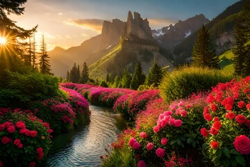 Wall Mural - landscape with flowers and mountains