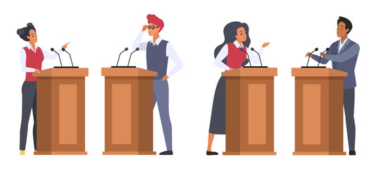 Debates between two speakers on rostrums set vector illustration. Cartoon isolated male and female politicians argue behind podiums with microphones, public politics dialogue of woman and man