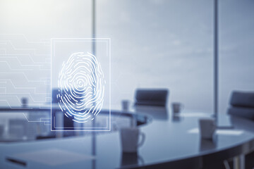 Aufkleber - Multi exposure of virtual abstract fingerprint illustration on a modern conference room background, digital access concept