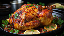 Crispy And Juicy Roasted Chicken On A Plate
