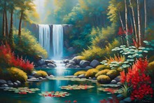 An Oil Painting Of A Tranquil Lake And Waterfall Embraced By A Lush Jungle - AI Generative