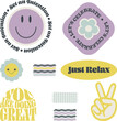 Set of Cool trendy retro stickers with smiley faces, flowers, and washi tapes. Vector vintage badges in geometric shapes. They read, Just relax, Let's celebrate, Set an intention, You're doing great