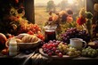 Agriculture, farm ranch bonanza. A rustic wood table with abundant fruits, vegetables, drinks, foods, wine, milk, bread, meat, cheese, nuts. Farm to table.