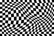 Black And White Checker Pattern Vector Illustration. Wave Abstract Checkered Chessboard Or Checkerboard For Game, Grid With Geometric Square Shape, Race Or Rally Flag And Mosaic Floor Tile