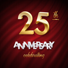 Wall Mural - 25 golden numbers, Anniversary white paper text and Celebrating word made of golden ribbons on red curtain background. Vector twenty fifth anniversary celebration event square template