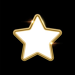 Wall Mural - 3d plate button of star shape with golden frame vector illustration. Realistic isolated website element, golden glossy label for game UI, badge of navigation menu with shiny light effect border