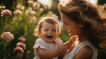 motherhood concept with mother holding her baby child on a blurred nature background
